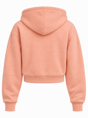 Back view of the Pebble Stack peach chenille cropped zip-up hoodie with plain back