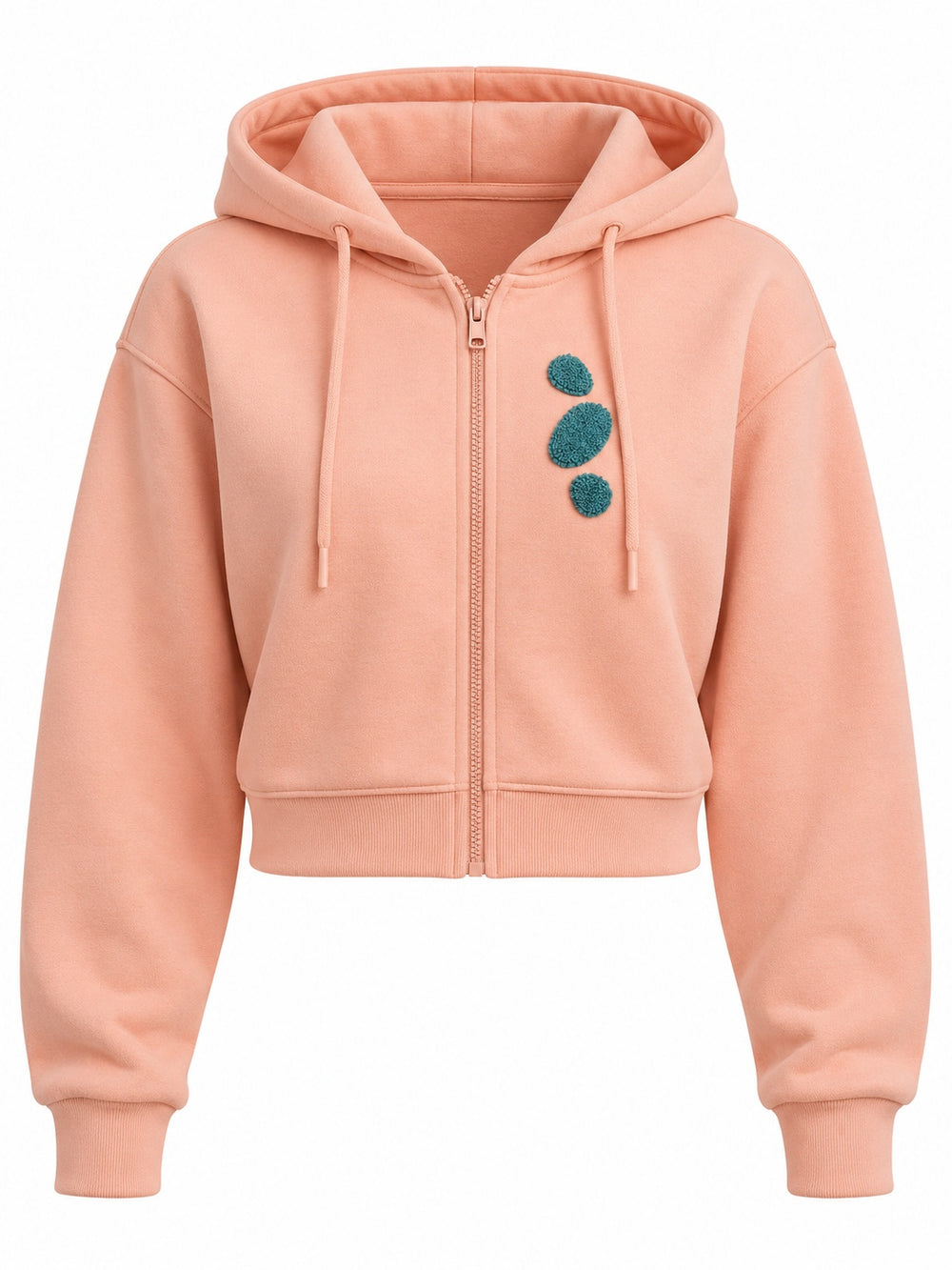 Front view of the Pebble Stack peach chenille cropped zip-up hoodie with three teal chenille pebble patches stacked on the left chest