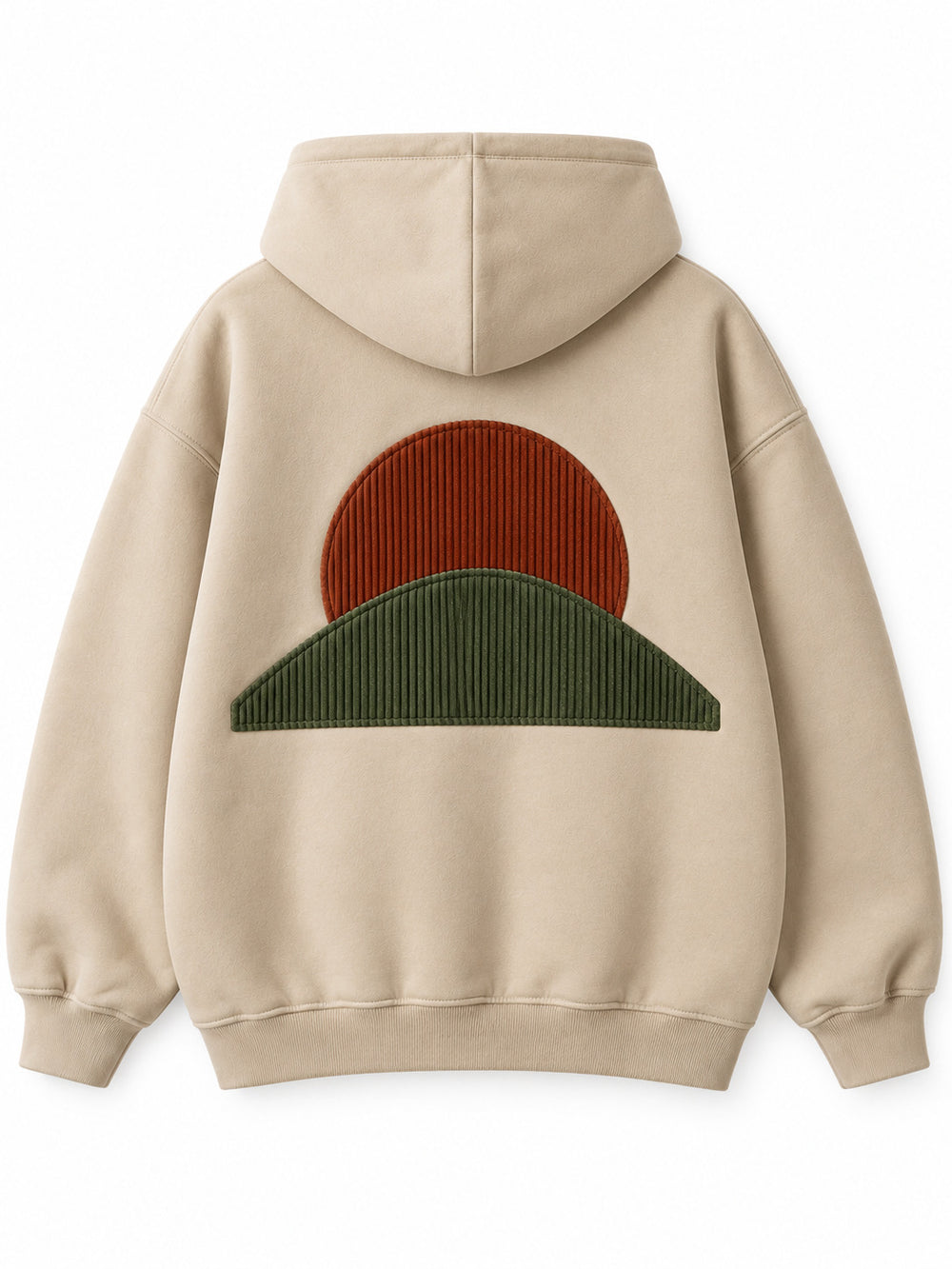 Back view of the Corduroy Peaks sand corduroy appliqué boxy hoodie with a rust corduroy sun above a green hill