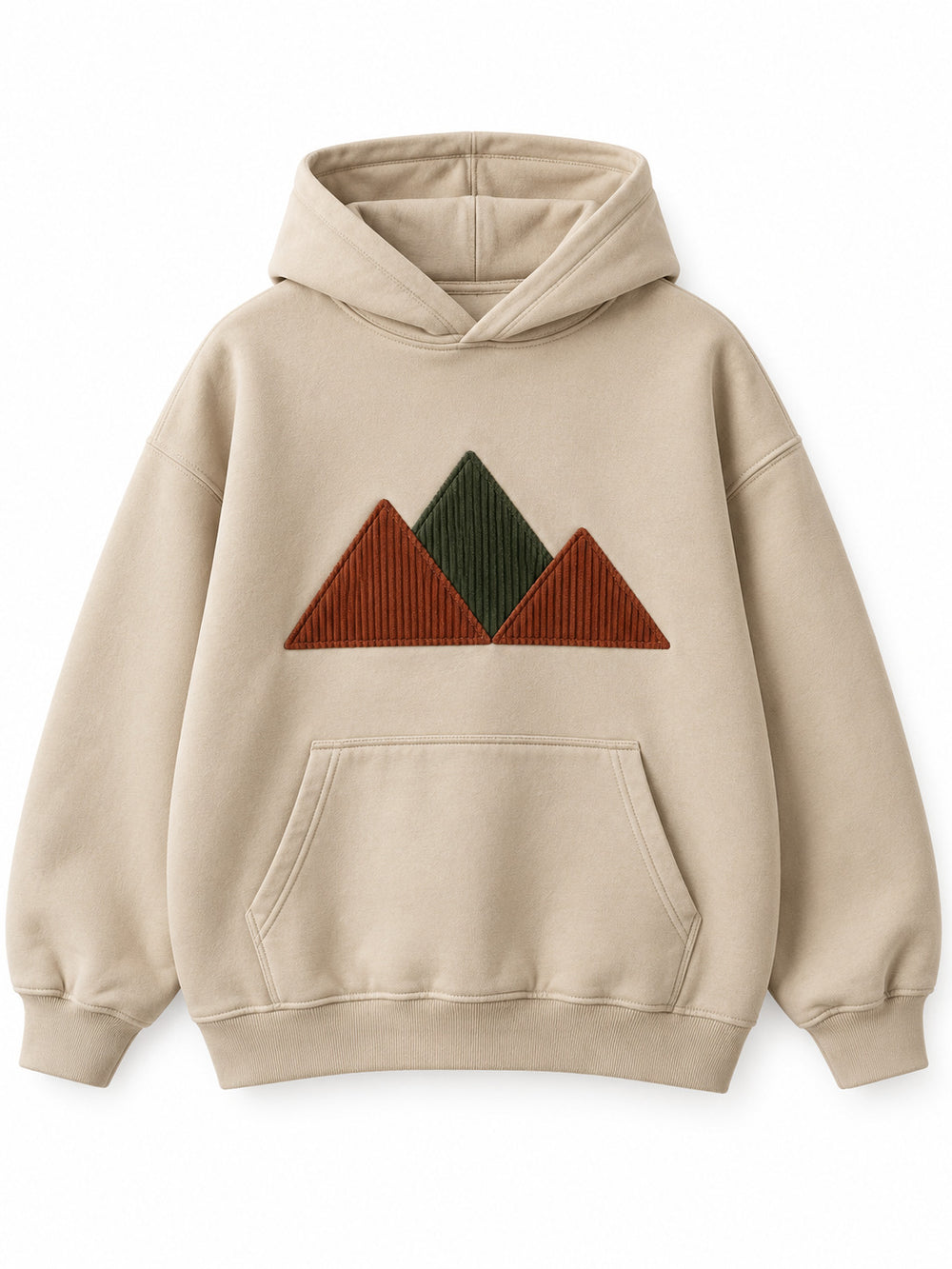 Front view of the Corduroy Peaks sand corduroy appliqué boxy hoodie with layered rust and green corduroy mountain patches
