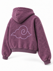Rear three-quarter view of the Cloud Crop plum acid wash cropped hoodie