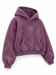 Front three-quarter view of the Cloud Crop plum acid wash cropped hoodie