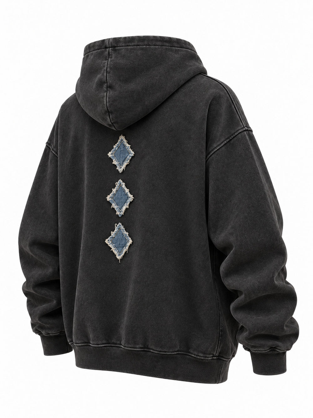 Rear three-quarter view of the Denim Letter washed black denim appliqué oversized hoodie