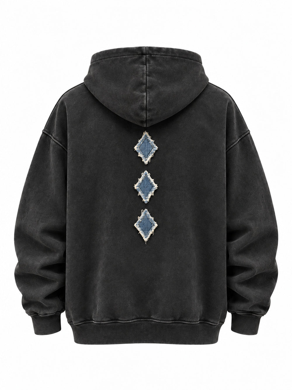 Back view of the Denim Letter washed black denim appliqué oversized hoodie with three small denim diamonds arranged vertically