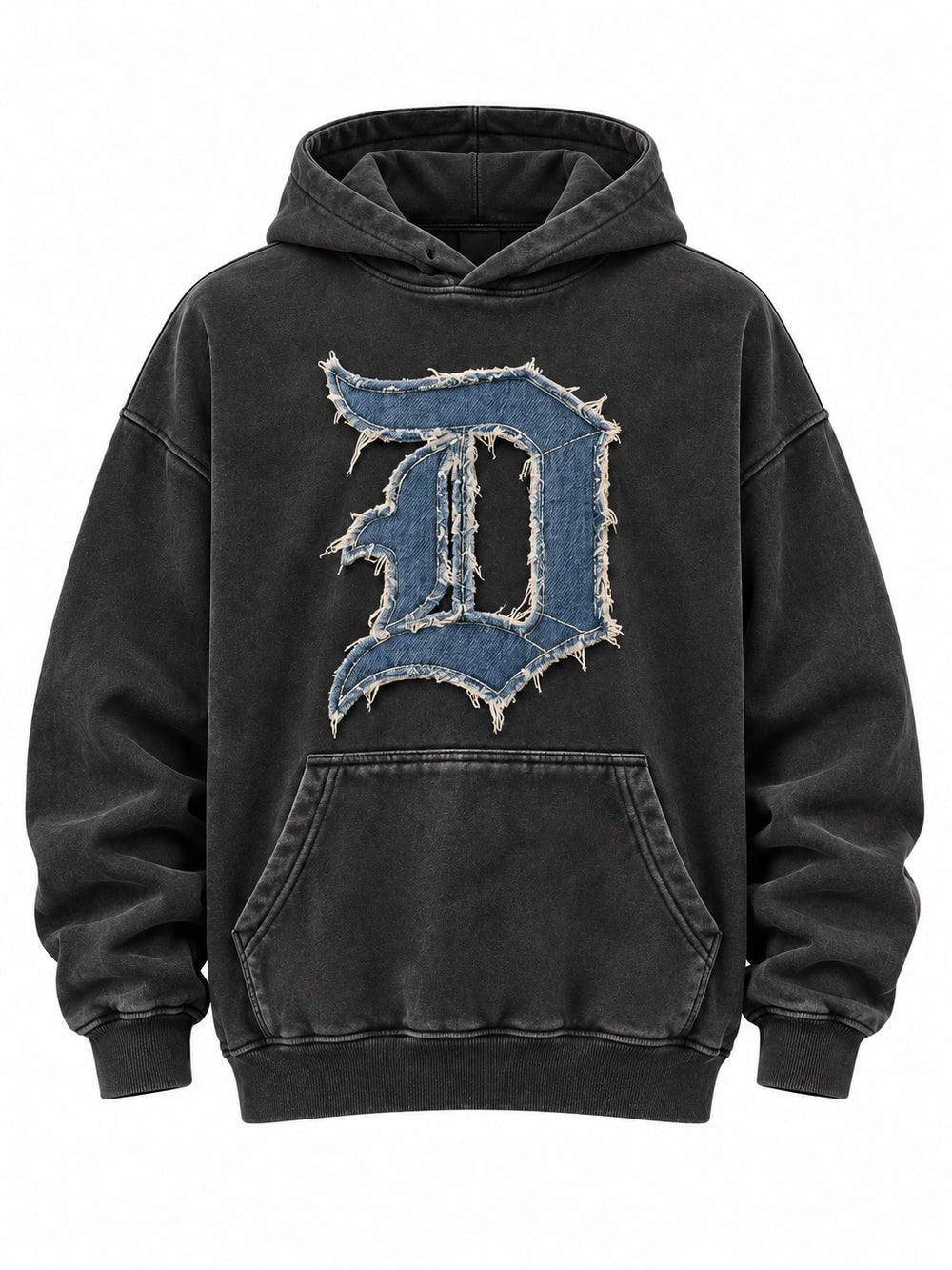 Front view of the Denim Letter washed black denim appliqué oversized hoodie with oversized blue denim D monogram with a frayed edge and cream stitched border