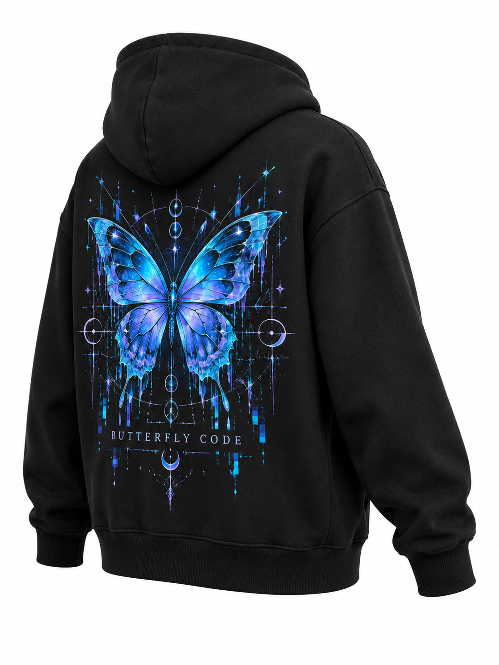 Rear three-quarter view of the Butterfly Code black DTF print hoodie