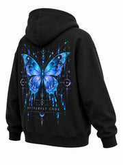 Rear three-quarter view of the Butterfly Code black DTF print hoodie