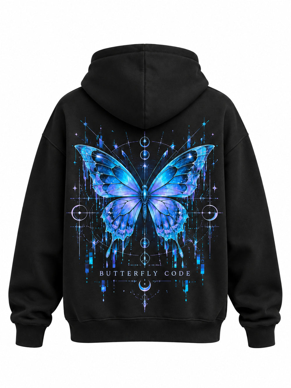 Back view of the Butterfly Code black DTF print hoodie with large symmetrical cyan and violet butterfly framed by digital symbols, captioned BUTTERFLY CODE