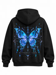 Back view of the Butterfly Code black DTF print hoodie with large symmetrical cyan and violet butterfly framed by digital symbols, captioned BUTTERFLY CODE