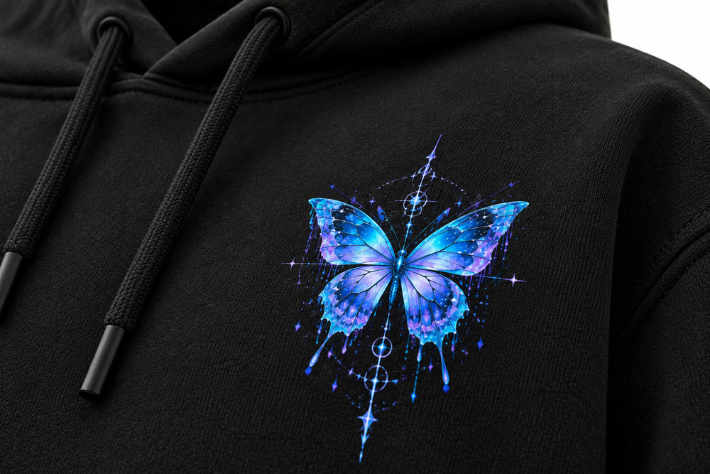Close-up of the DTF print decoration on the Butterfly Code black DTF print hoodie