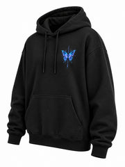 Front three-quarter view of the Butterfly Code black DTF print hoodie