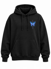 Front view of the Butterfly Code black DTF print hoodie with small cyan butterfly