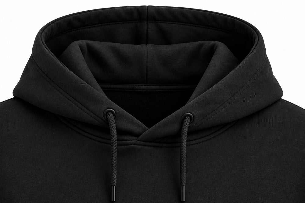 Close-up of the hood and neckline of the Butterfly Code black DTF print hoodie