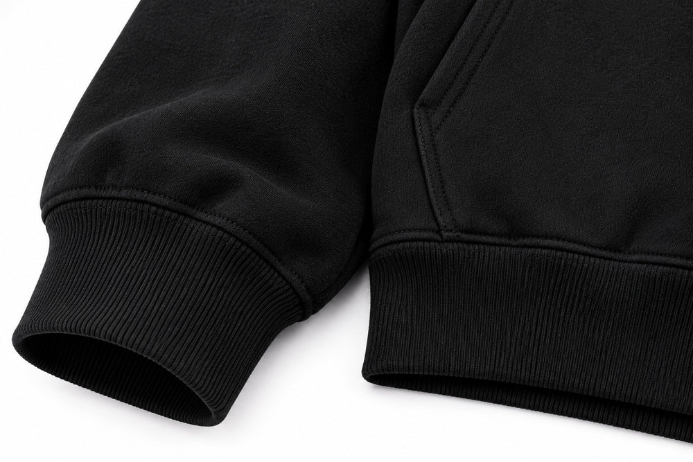 Close-up of the seam stitching of the Butterfly Code black DTF print hoodie
