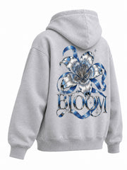 Rear three-quarter view of the Chrome Bloom ash gray DTF print boxy hoodie