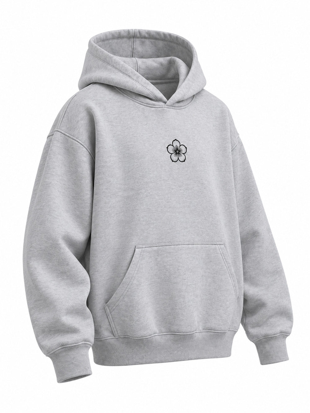 Front three-quarter view of the Chrome Bloom ash gray DTF print boxy hoodie