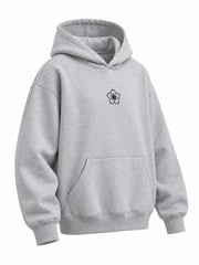Front three-quarter view of the Chrome Bloom ash gray DTF print boxy hoodie