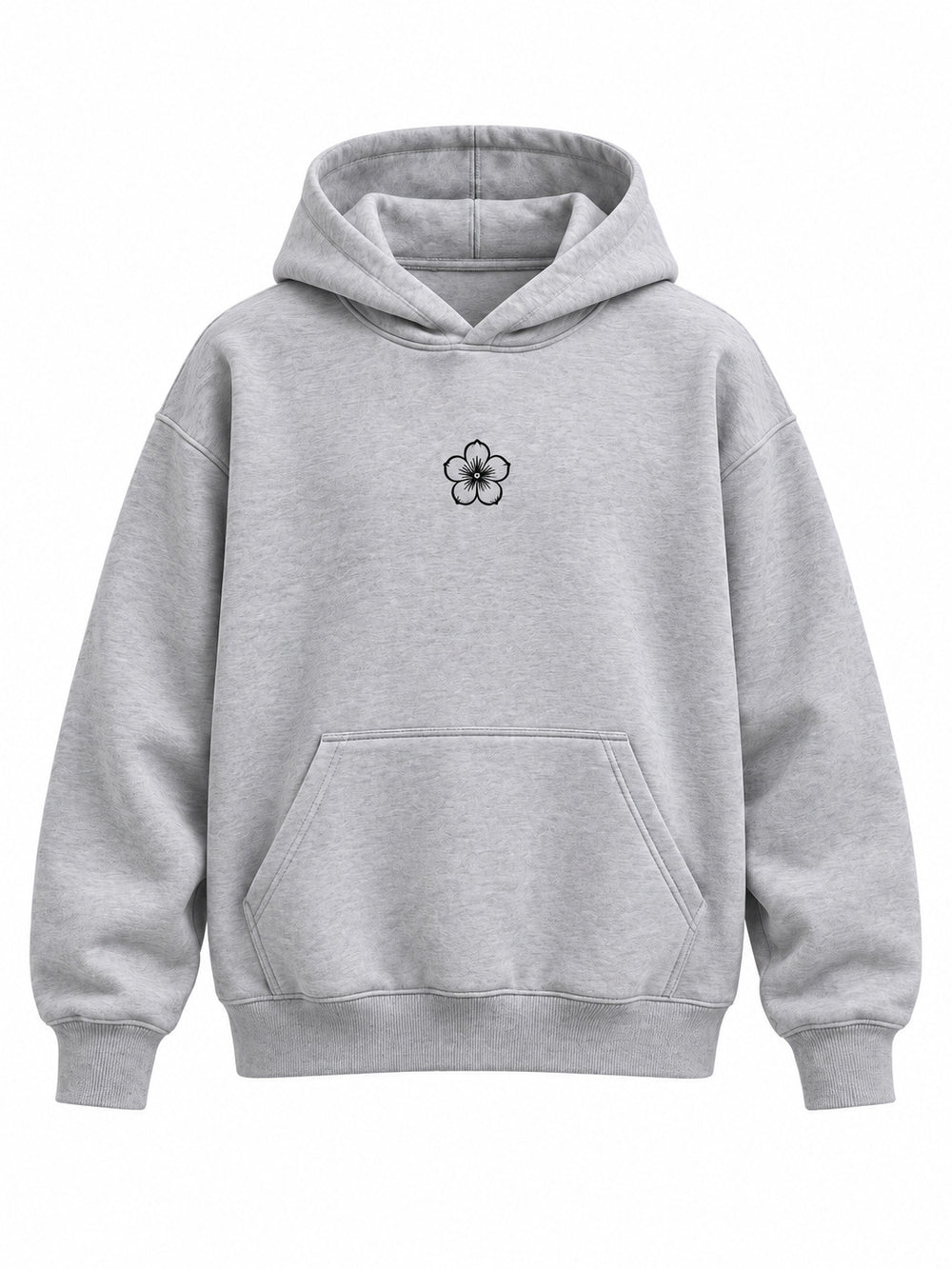 Front view of the Chrome Bloom ash gray DTF print boxy hoodie with small black outlined bloom emblem