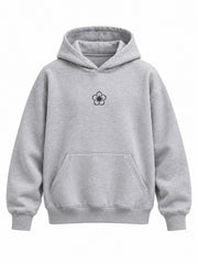 Front view of the Chrome Bloom ash gray DTF print boxy hoodie with small black outlined bloom emblem
