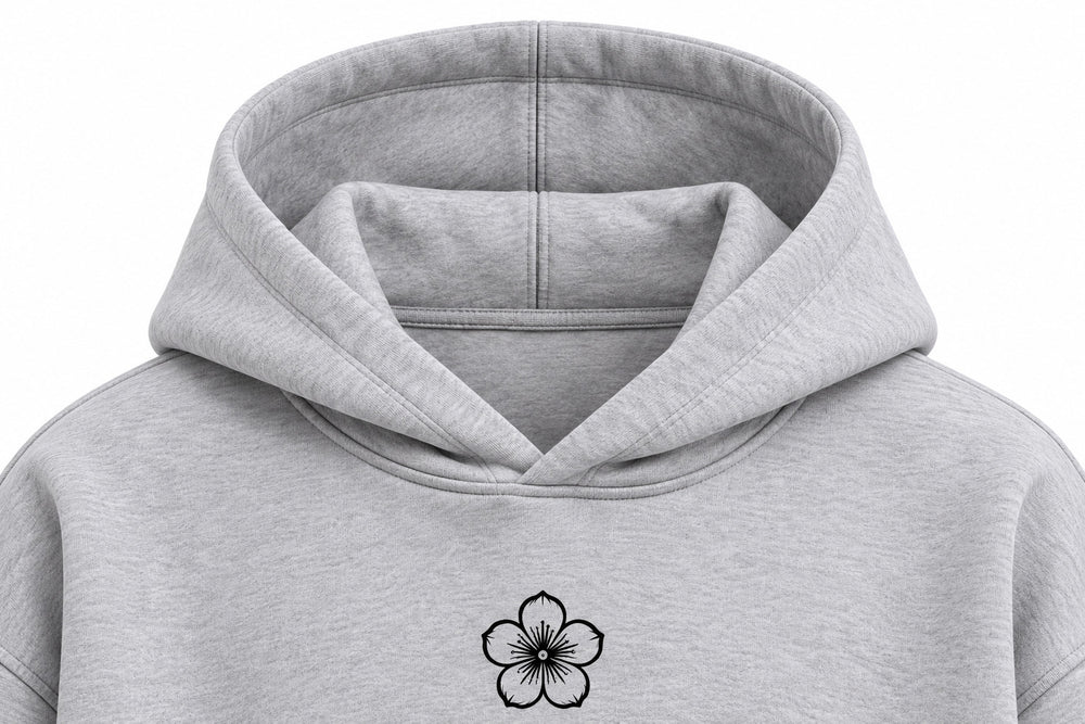 Close-up of the hood and neckline of the Chrome Bloom ash gray DTF print boxy hoodie
