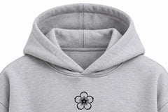 Close-up of the hood and neckline of the Chrome Bloom ash gray DTF print boxy hoodie