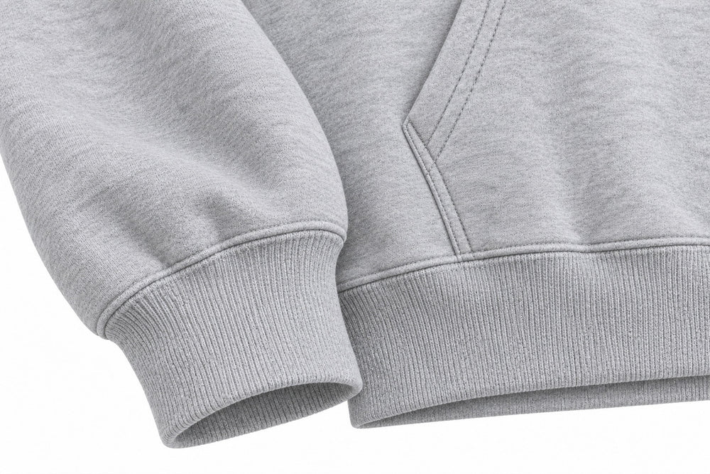 Close-up of the seam stitching of the Chrome Bloom ash gray DTF print boxy hoodie