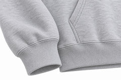 Close-up of the seam stitching of the Chrome Bloom ash gray DTF print boxy hoodie