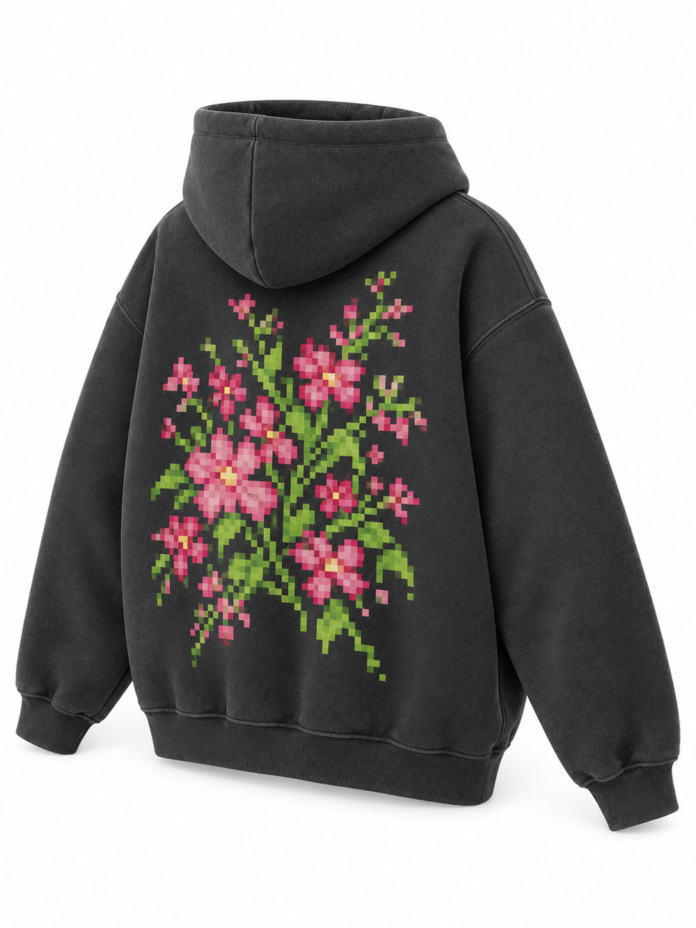 Rear three-quarter view of the Digital Flora charcoal DTF print oversized hoodie