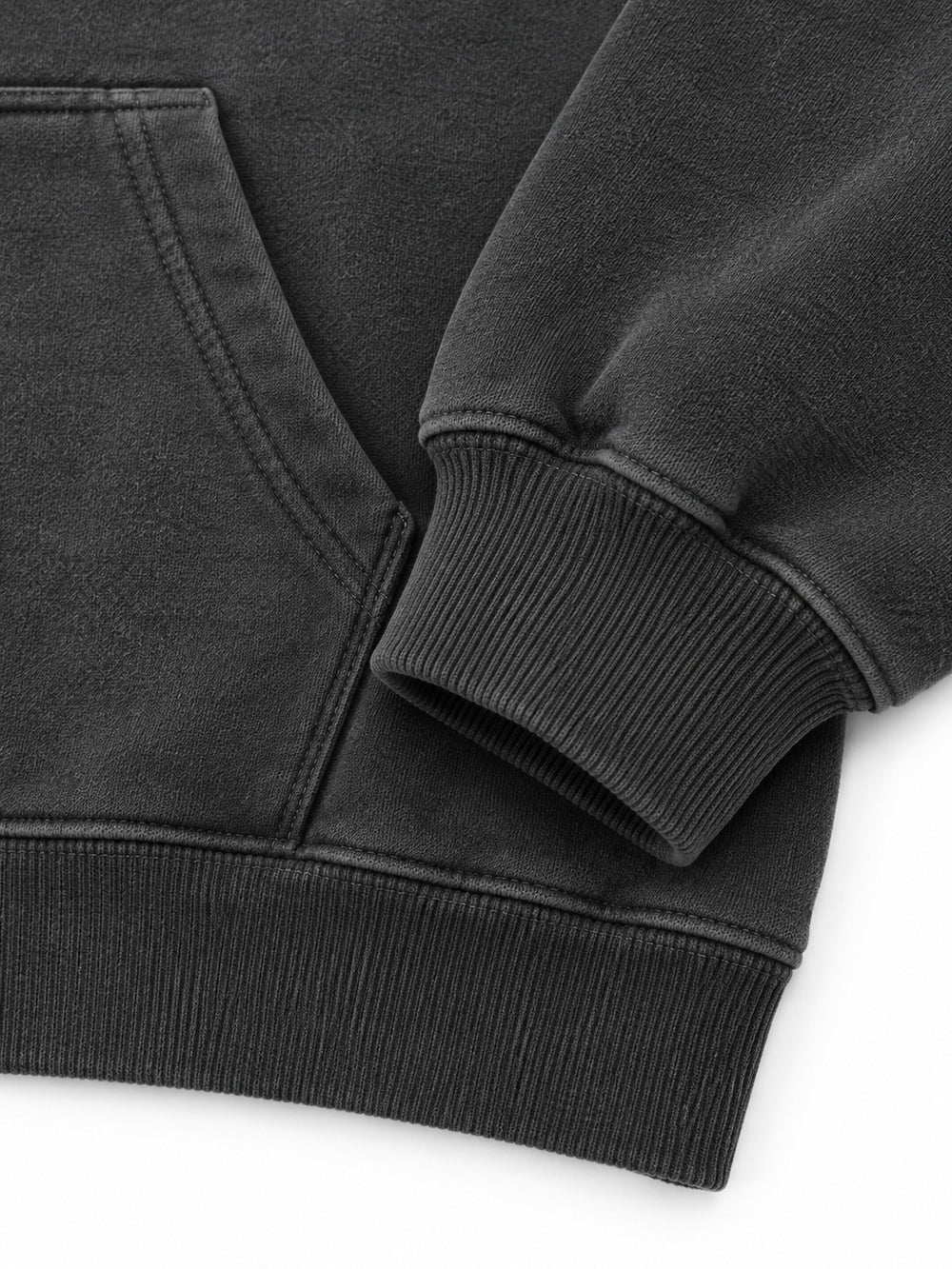 Close-up of the cuff and hem rib of the Digital Flora charcoal DTF print oversized hoodie