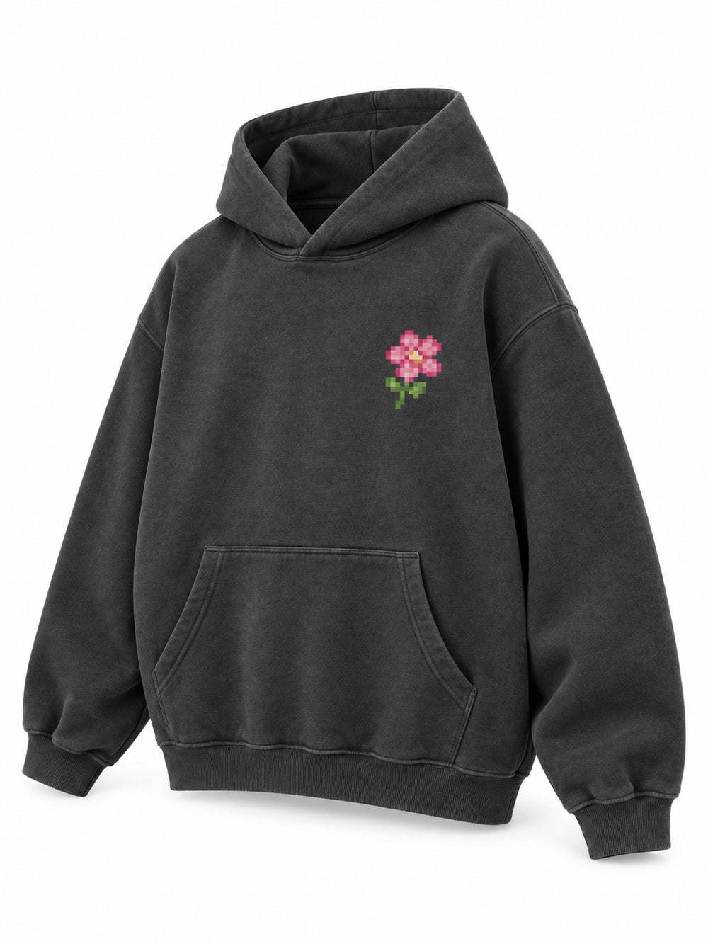 Front three-quarter view of the Digital Flora charcoal DTF print oversized hoodie