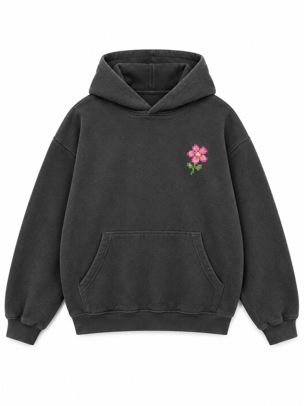 Front view of the Digital Flora charcoal DTF print oversized hoodie with a small pink pixel flower at the left chest