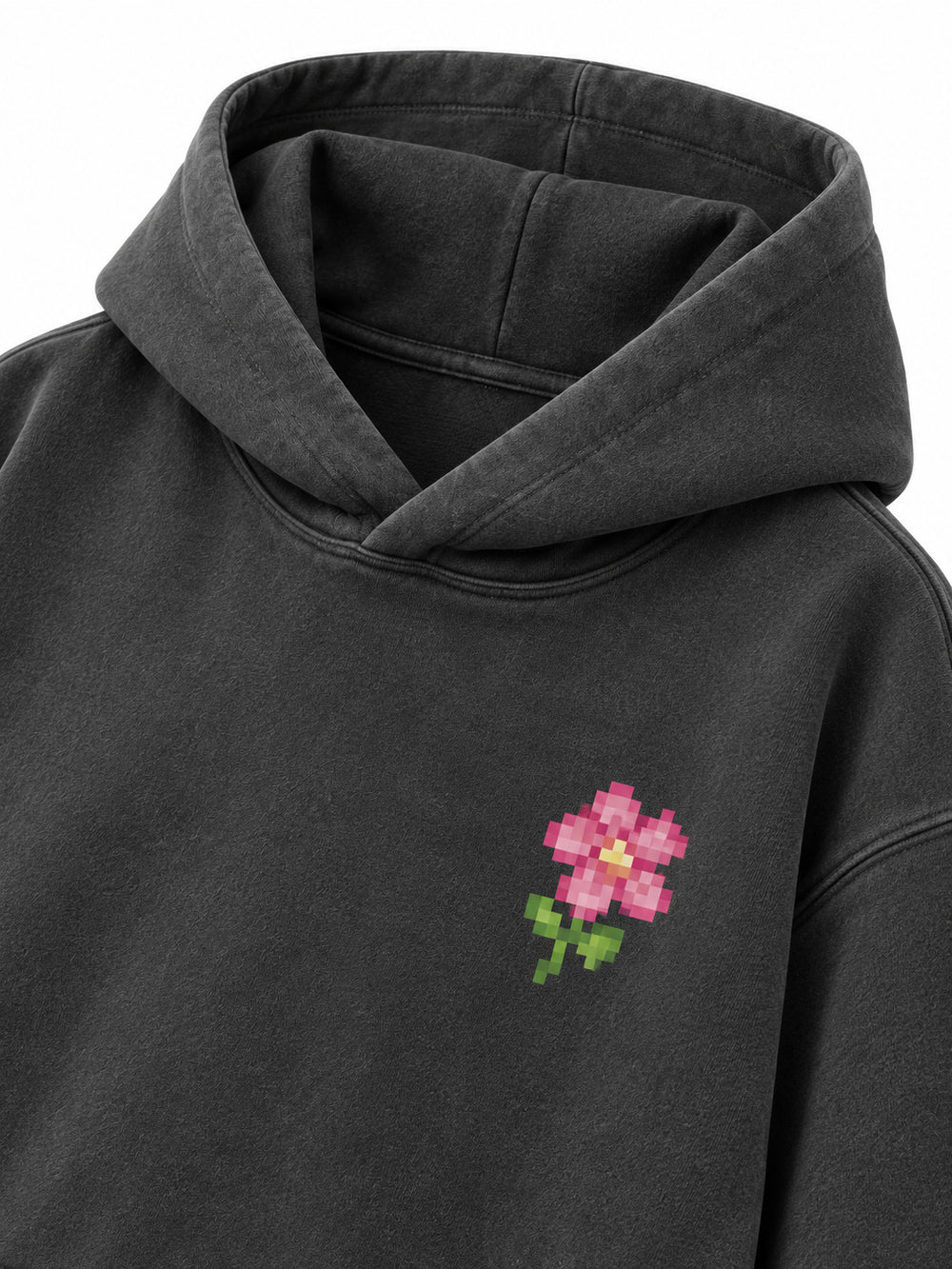 Close-up of the hood and neckline of the Digital Flora charcoal DTF print oversized hoodie