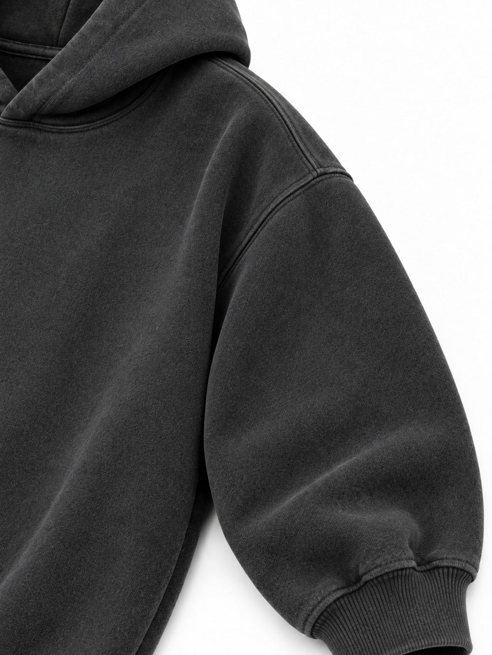 Close-up of the sleeve of the Digital Flora charcoal DTF print oversized hoodie