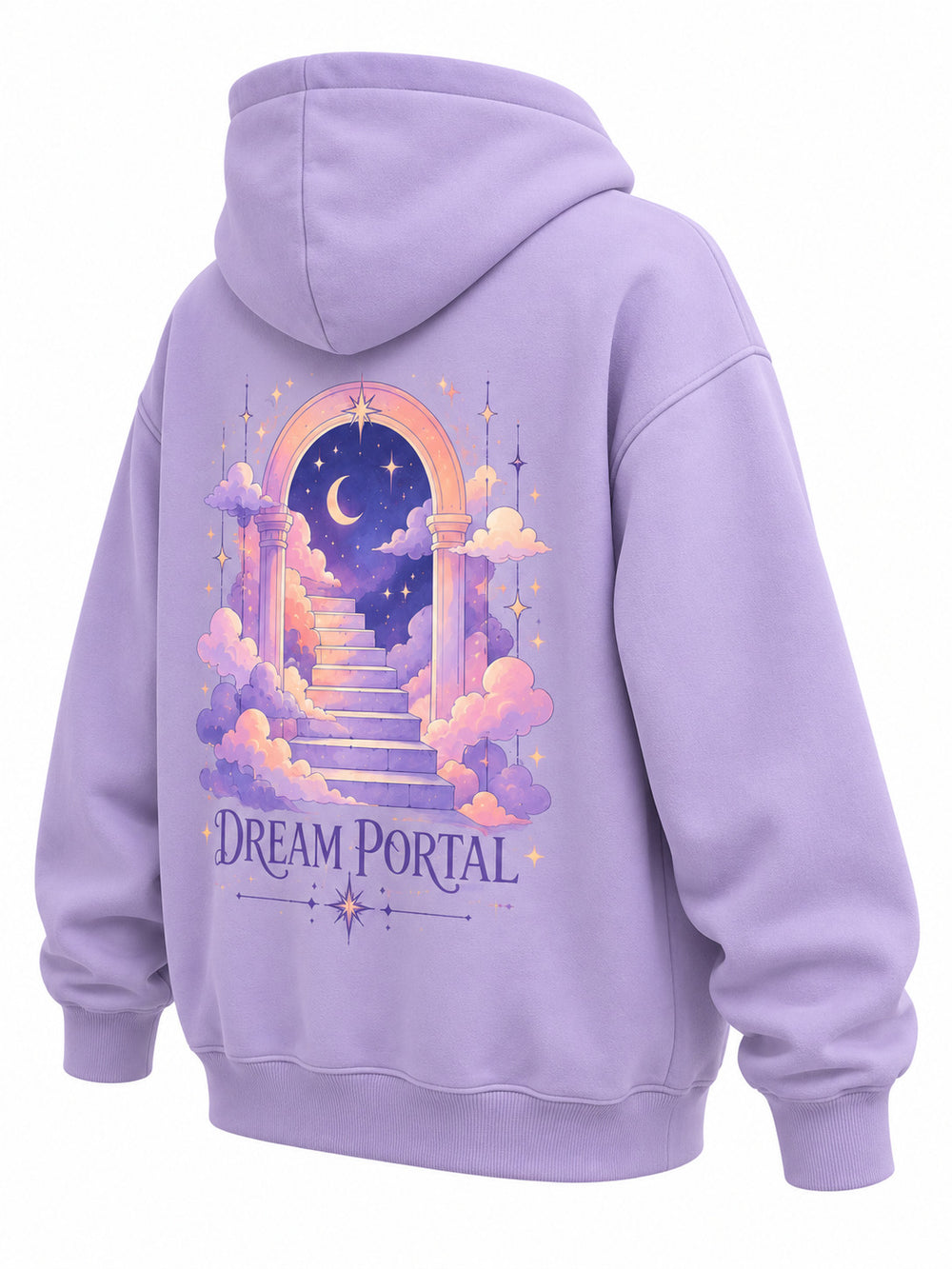 Rear three-quarter view of the Dream Portal lavender DTF print oversized hoodie