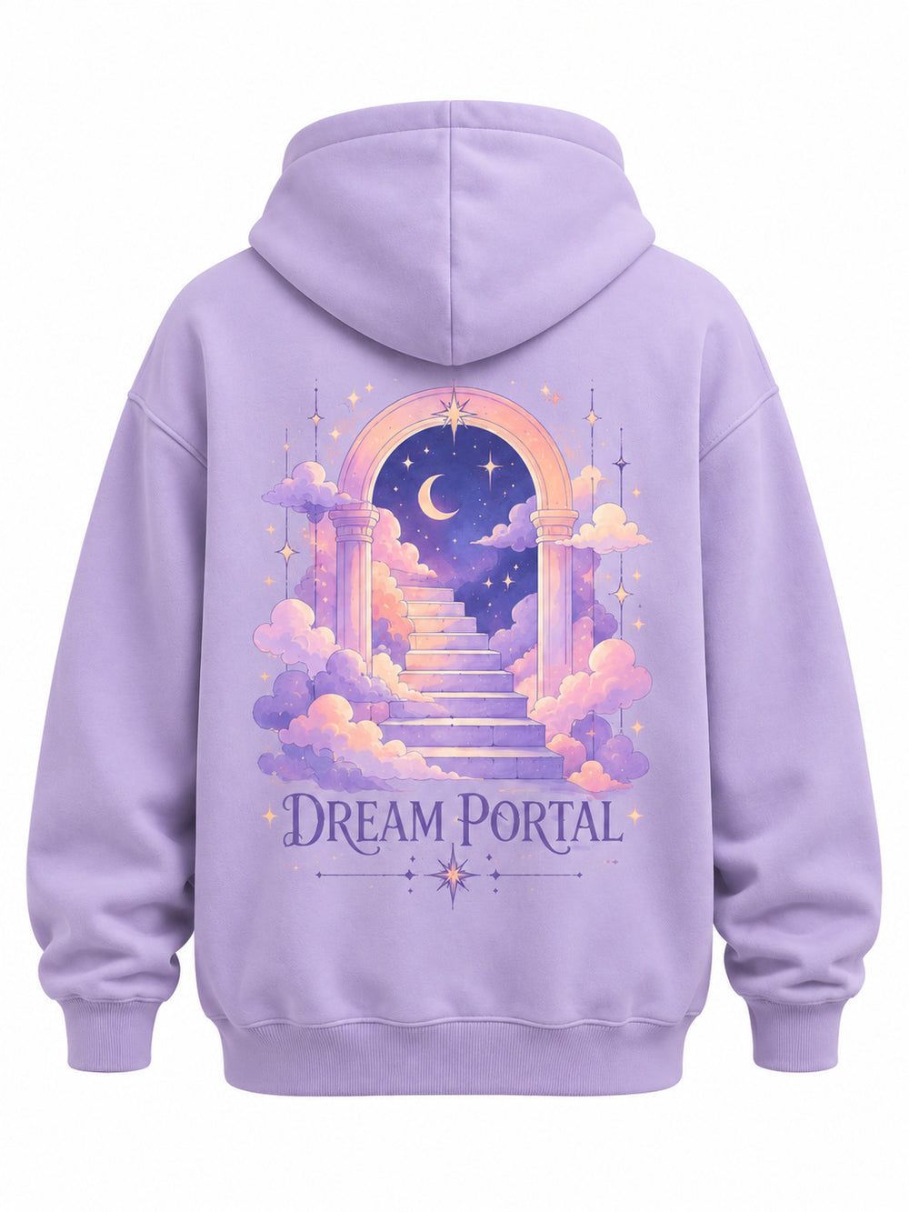Back view of the Dream Portal lavender DTF print oversized hoodie with pastel portal with stairs into a starry sky, captioned DREAM PORTAL