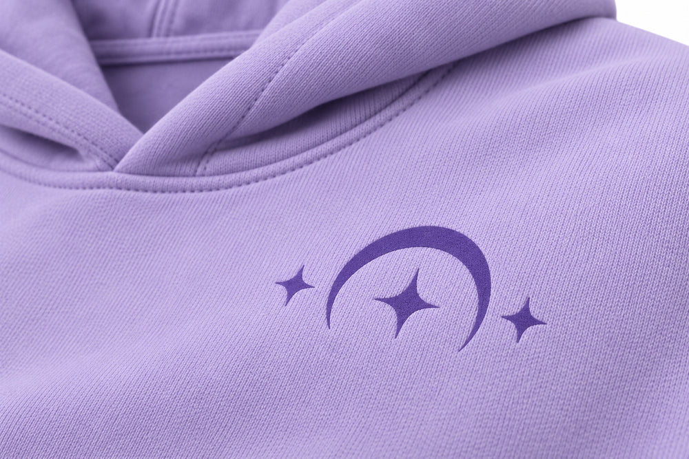 Close-up of the DTF print decoration on the Dream Portal lavender DTF print oversized hoodie