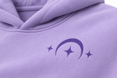 Close-up of the DTF print decoration on the Dream Portal lavender DTF print oversized hoodie