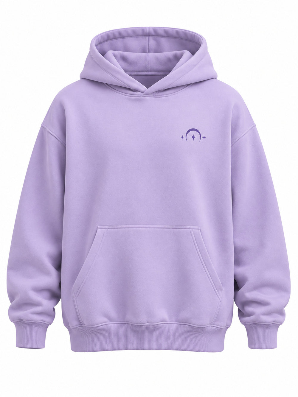 Front view of the Dream Portal lavender DTF print oversized hoodie with tiny dark violet arch icon