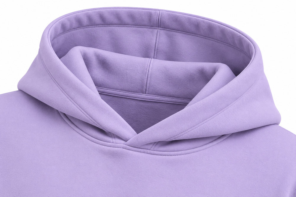 Close-up of the hood and neckline of the Dream Portal lavender DTF print oversized hoodie