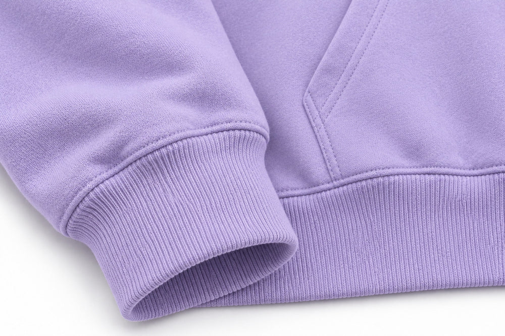 Close-up of the seam stitching of the Dream Portal lavender DTF print oversized hoodie
