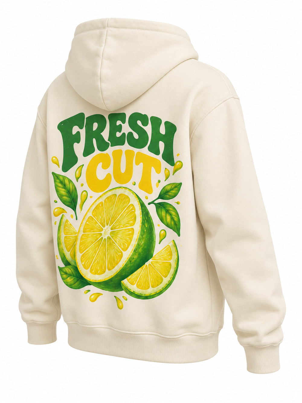 Rear three-quarter view of the Fresh Cut cream DTF print hoodie