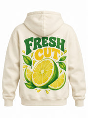 Back view of the Fresh Cut cream DTF print hoodie with large retro sliced citrus with green-and-yellow FRESH CUT lettering