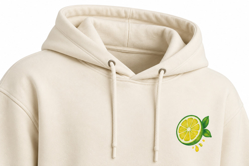 Close-up of the hood and neckline of the Fresh Cut cream DTF print hoodie