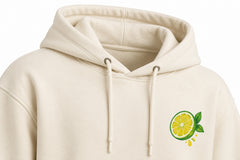 Close-up of the hood and neckline of the Fresh Cut cream DTF print hoodie