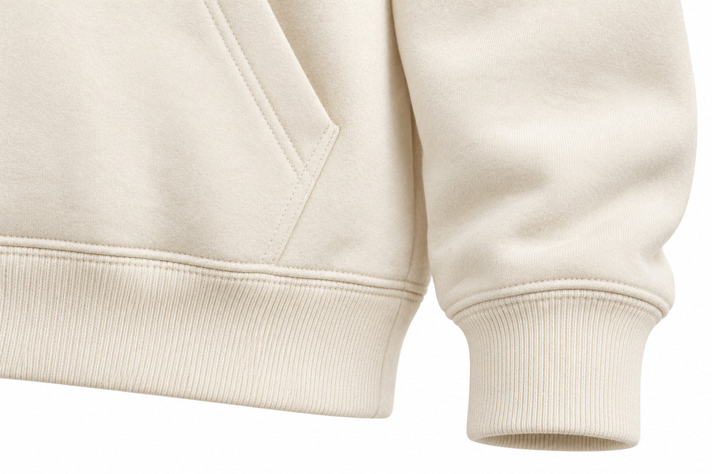 Close-up of the seam stitching of the Fresh Cut cream DTF print hoodie