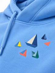 Close-up of the DTF print decoration on the Paper Coast sky blue DTF print hoodie