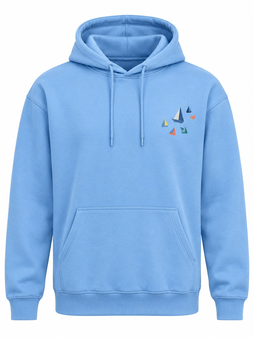 Front view of the Paper Coast sky blue DTF print hoodie with small cluster of colorful paper-boat sails on the chest