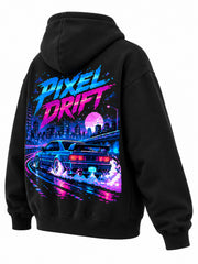 Rear three-quarter view of the Pixel Drift black DTF print oversized hoodie