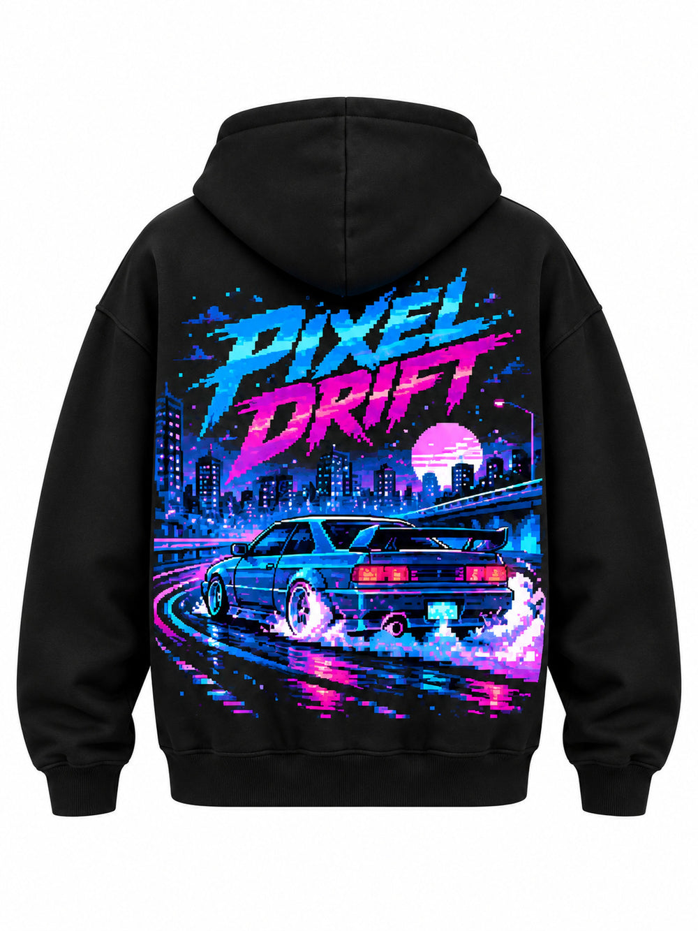 Back view of the Pixel Drift black DTF print oversized hoodie with cyan and magenta pixel racing-car scene with large PIXEL DRIFT lettering