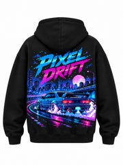 Back view of the Pixel Drift black DTF print oversized hoodie with cyan and magenta pixel racing-car scene with large PIXEL DRIFT lettering